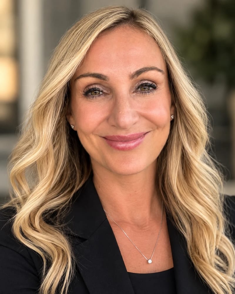 Aly Boschert, Business Director at Fort Worth Plastic Surgery, smiling in a black blazer with long wavy blonde hair