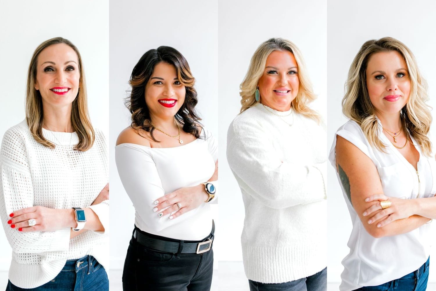 Four members of the Fort Worth Plastic Surgery staff, Aly Boschert, Amaryllis Gage, Heather Tye and Kassidy Sherley, smiling in white tops against a white studio wall