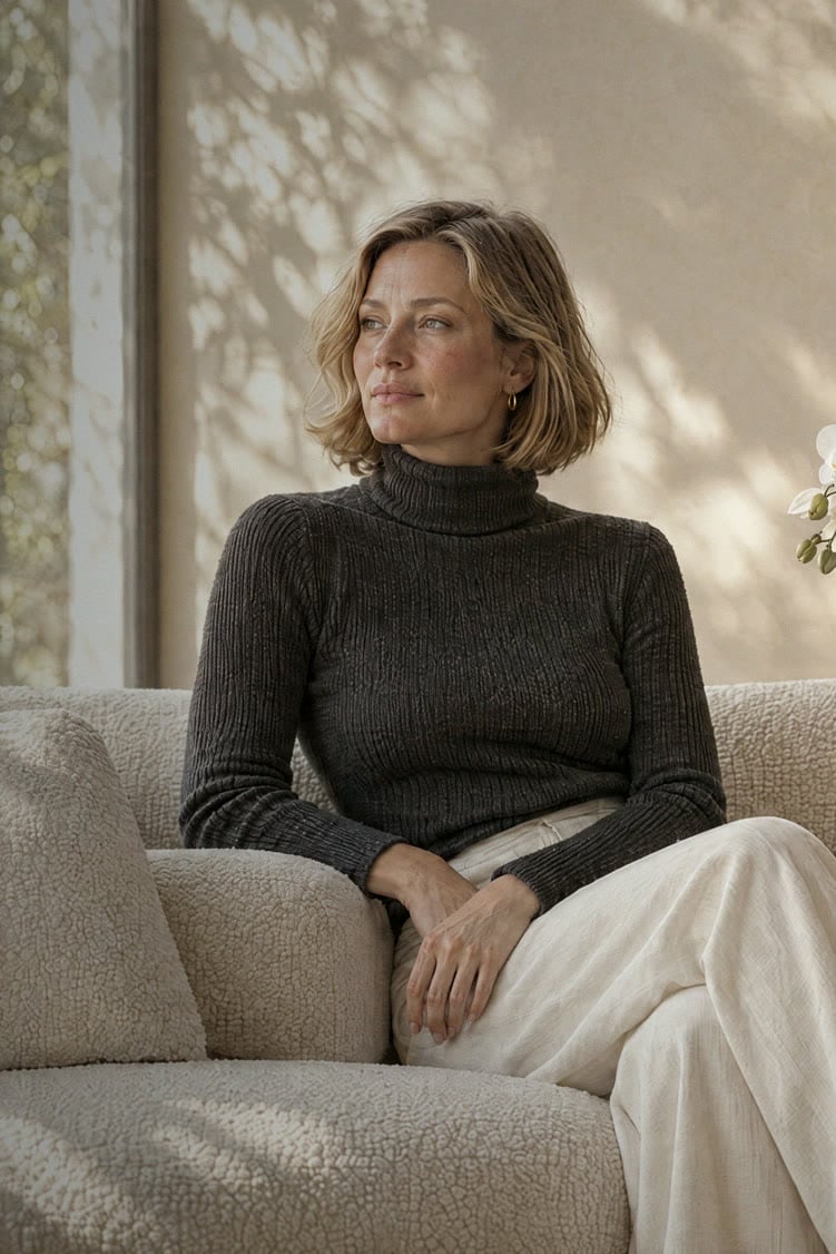 A woman seated on a bouclé sofa in soft window light