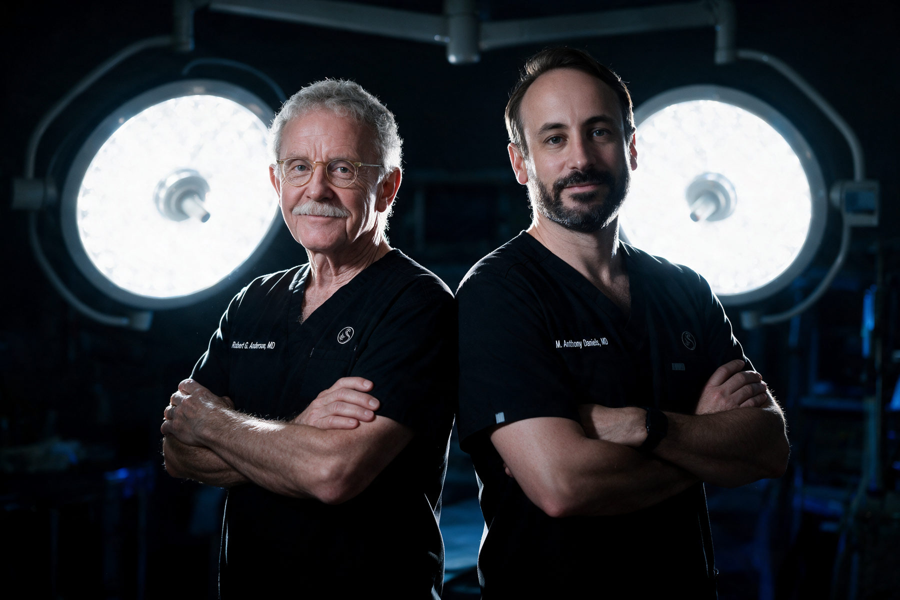 Dr. Robert G. Anderson and Dr. M. Anthony Daniels in black scrubs, arms folded, standing back to back beneath the twin lights of an operating theatre