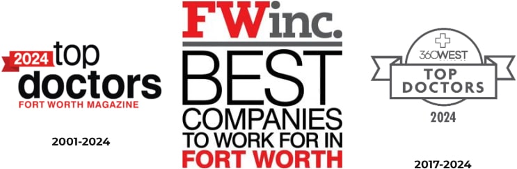 Award marks: Fort Worth Magazine Top Doctors 2024 (2001–2024), FW Inc. Best Companies To Work For In Fort Worth, and 360West Top Doctors 2024 (2017–2024) Award marks: Fort Worth Magazine Top Doctors 2024 (2001–2024), FW Inc. Best Companies To Work For In Fort Worth, and 360West Top Doctors 2024 (2017–2024)