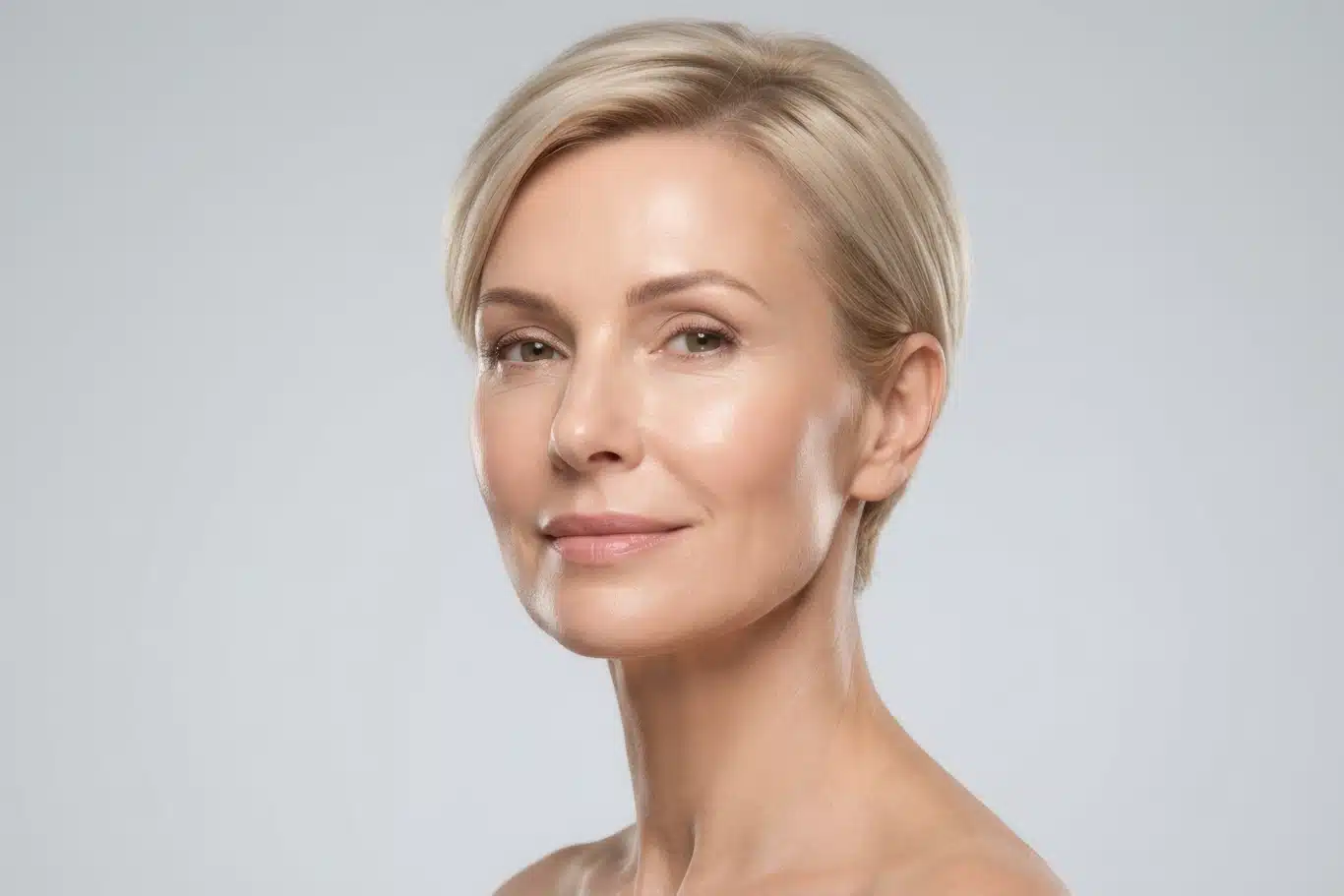 A beautiful woman with glowing skin demonstrating facial lifting facelift procedure results